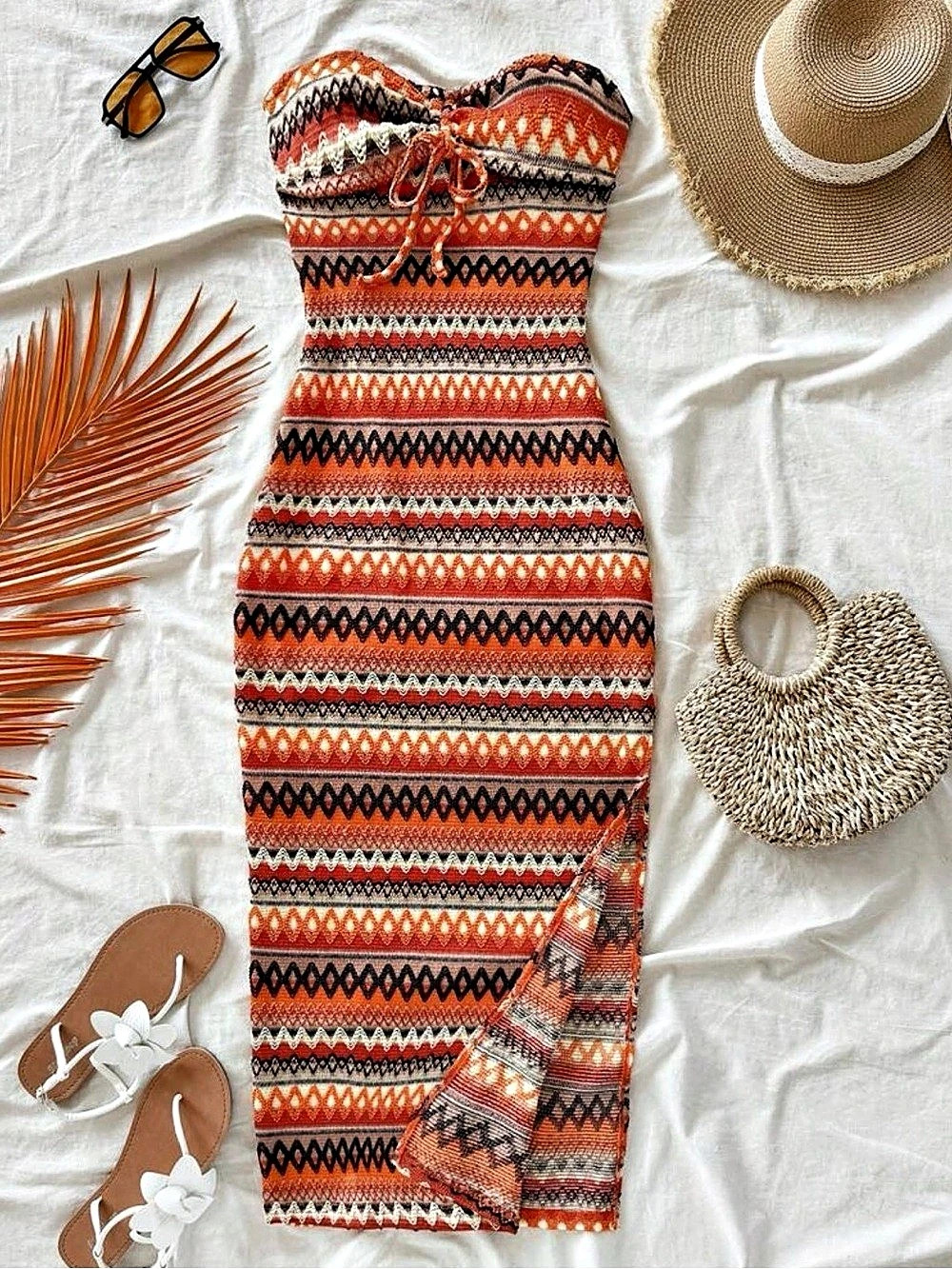 Geometric Maxi Dress in Orange & Black & Brown